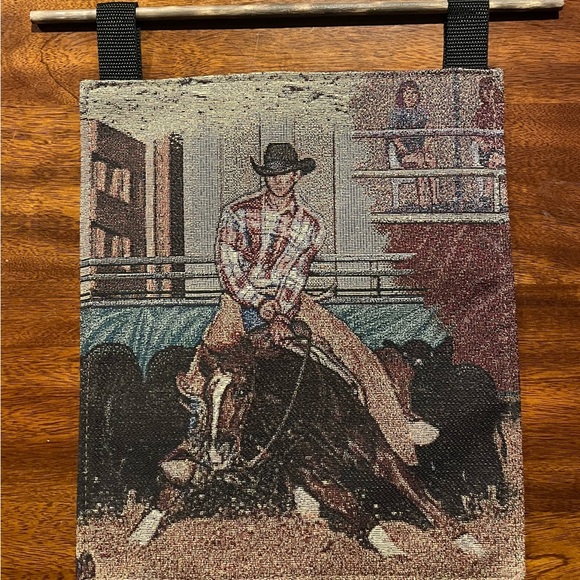 Cowboy on Horse Rodeo Scene On Heavy Tapestry Decor/Wall Hanging. - Picture 4 of 6